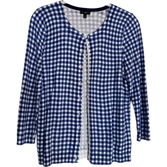 Talbots Cardigan Sweater Top 2 Pc SET Petite P 3/4 Sleeves Blue White Checkered - Picture 2 of 13